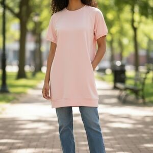 Relaxed Short-Sleeve Tunic Dress in Soft Pink